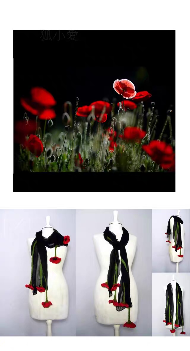 ①③.野罂粟花儿 神秘浪漫妩媚动人 丝绸美利奴羊毛披肩围巾 Holland荷兰手艺人Chalotte；真丝/澳洲美利奴羊毛；约40X165c厘米，亦可定制其他尺寸/颜色/花朵等（20190520）