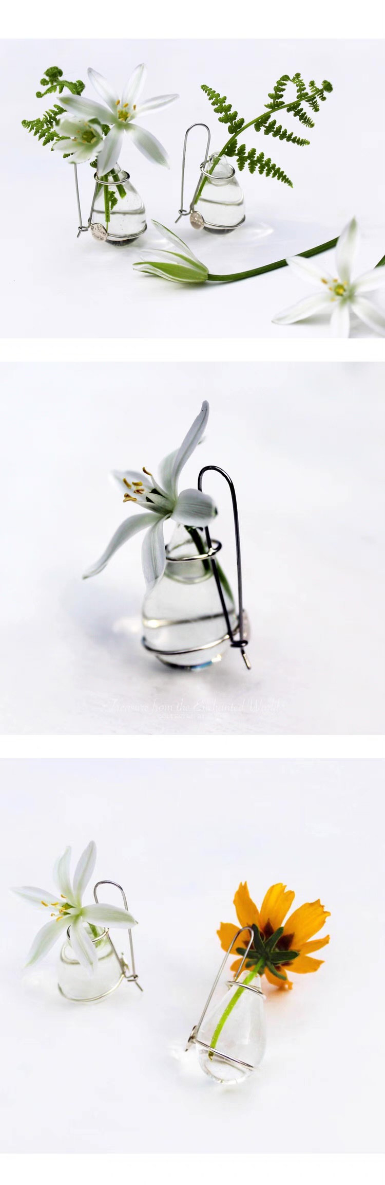 ①③.水滴形空玻璃花瓶·可插鲜花·仙女耳环; 美国手艺人Chloe, 925纯银；（鲜花&水，自备哦，不含在内）；亦可定制14K金或镀18K金版本；玻璃上可能含有气泡等手工痕迹；金属纯银为一体式焊接；自然主义）/1副