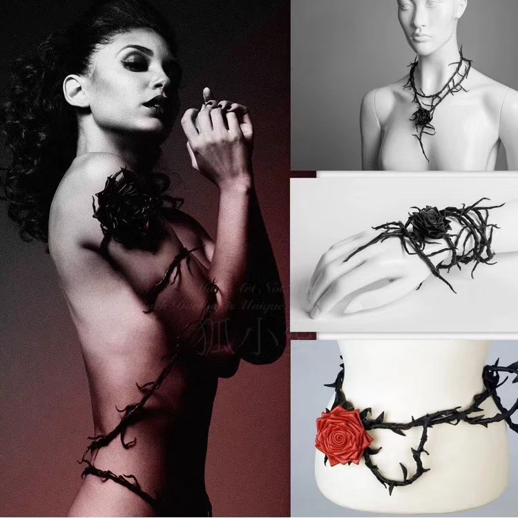 「玫瑰花荆棘刺·缠绕」身体链·腰带·项链；丹麦手艺人Thea&Erik；真皮；哥特风（20160318）