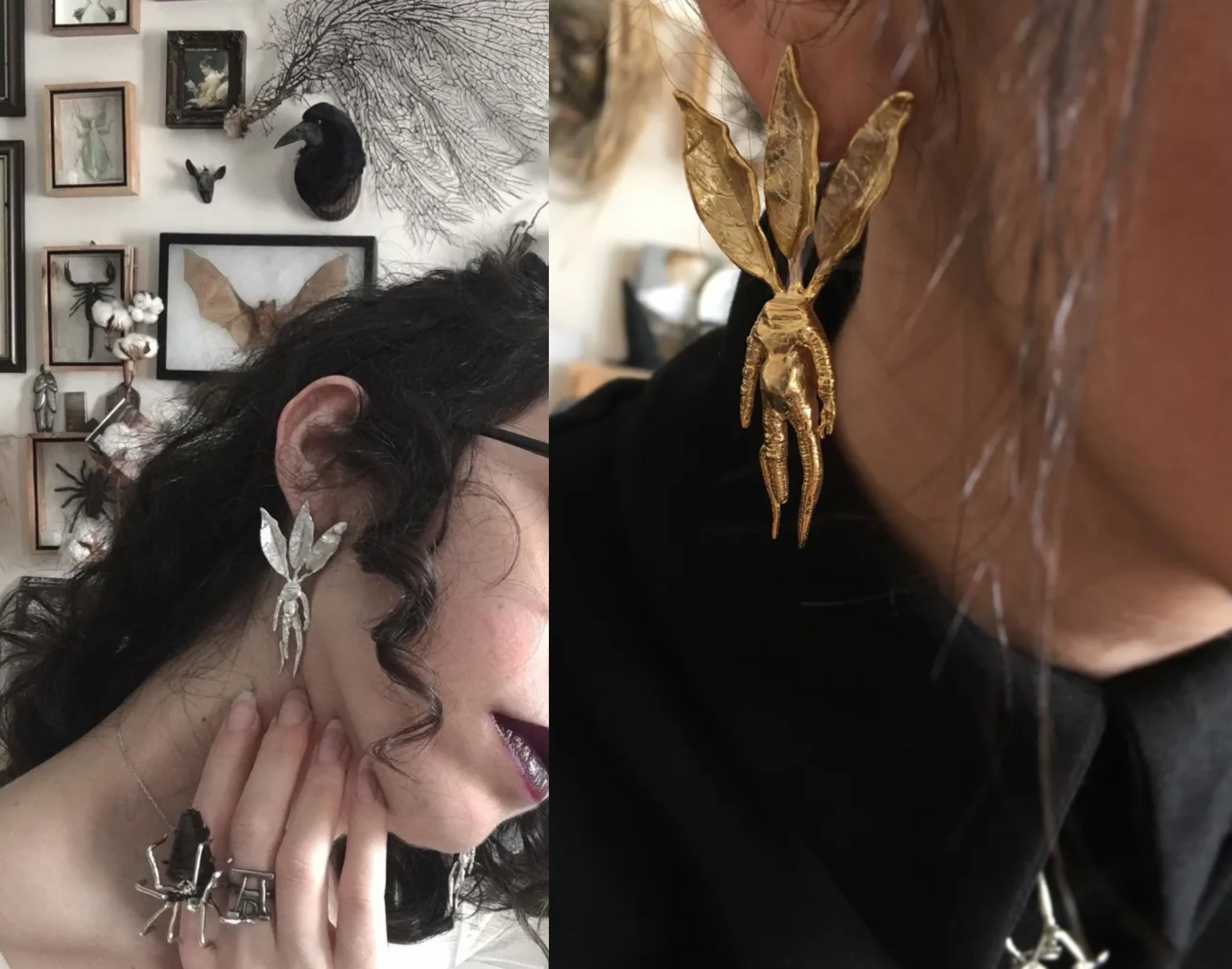 ②.曼德拉草人形·”毒植”系列·耳环；土耳其手艺人Göksu作品；曼德拉草自古被视为具有魔力的人形植物，与女巫、炼金术与古老草药学密切相关。它既是传说中的魔药成分，也常被佩戴为护身符，象征力量、命运与隐秘的掌控。约6.5×3cm；镀金黄铜或镀银黄铜（耳针部分均为纯银）。古老失蜡法，纯手工雕刻制作｜x3526